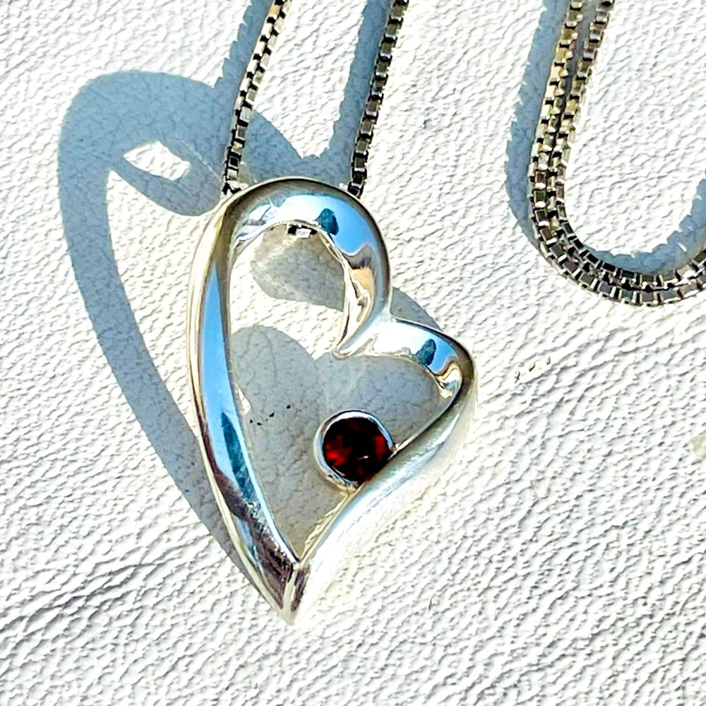 Sterling Silver 925 Heart Shaped Pendant w/ Red Stone & Chain